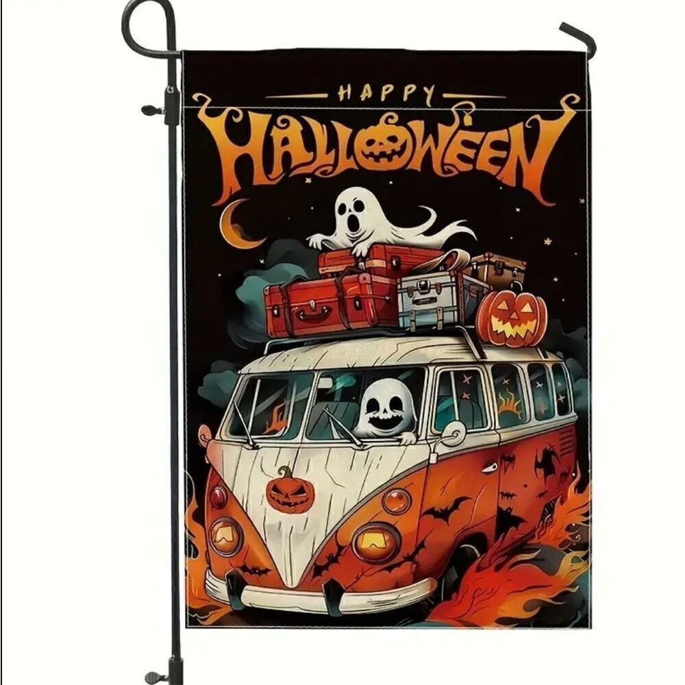 Brand New Halloween Hippie Van Ghost Fall Funny Graphics Garden Decoration Flag